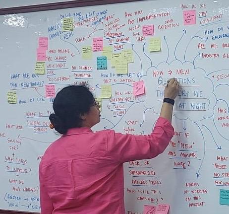 Shalu Manan facilitating a design thinking session at a whiteboard