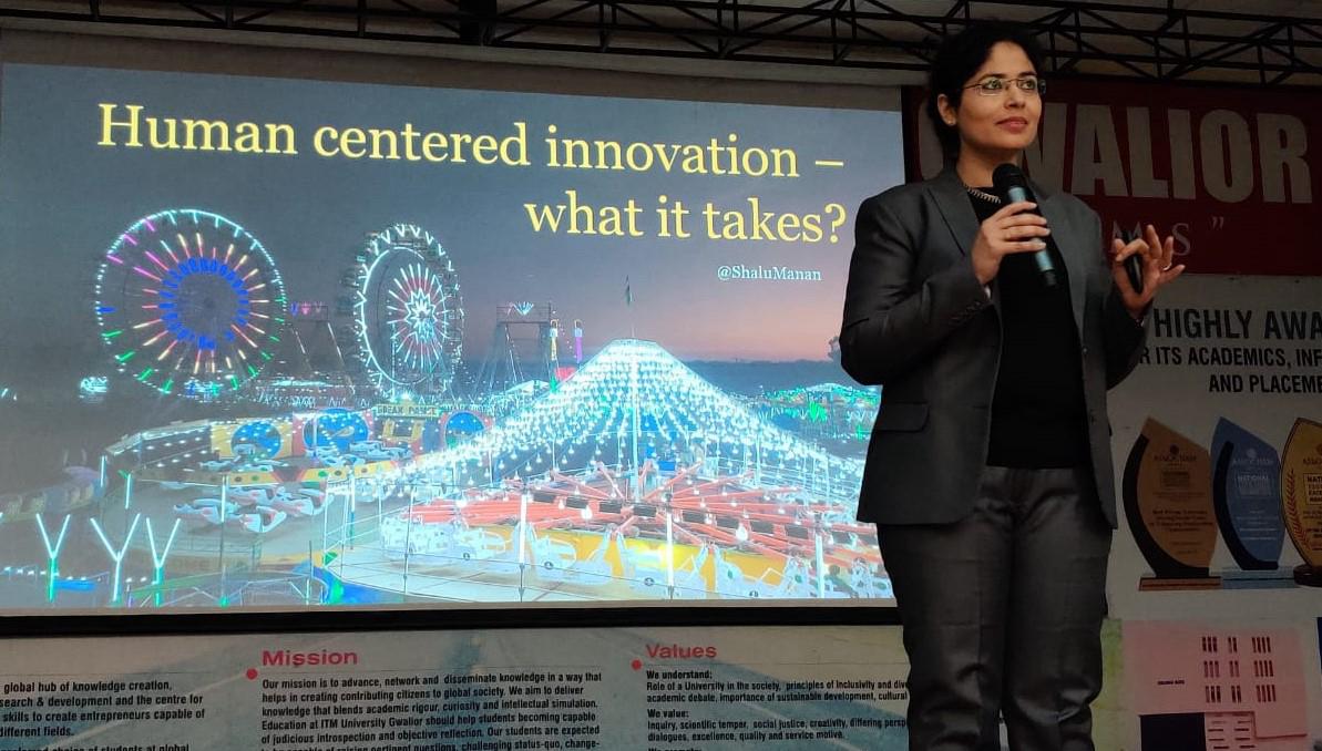 Shalu Manan presenting on human-centered innovation at a university forum
