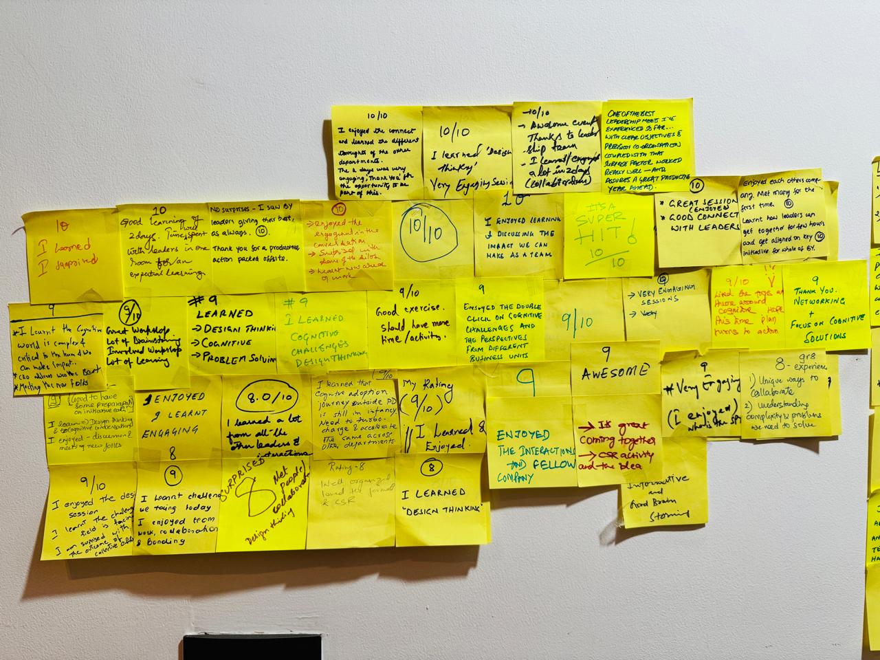 Handwritten leadership workshop testimonials on yellow sticky notes with design thinking and cognitive themes