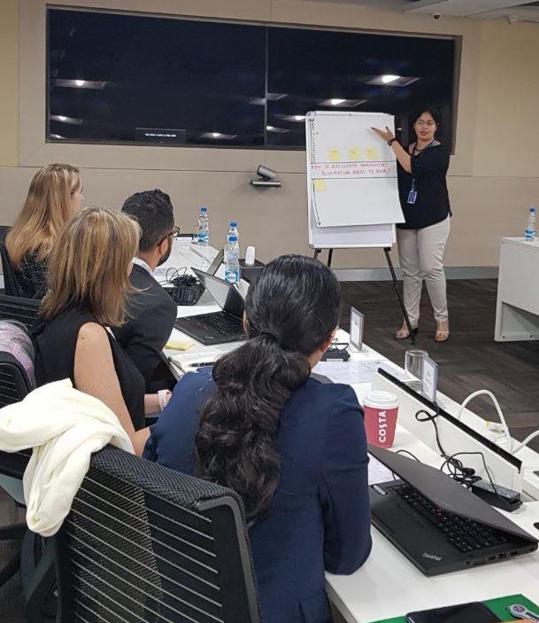 Shalu Manan facilitating a client workshop with leadership teams at a flipchart